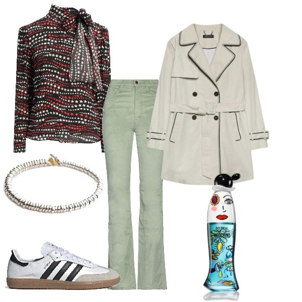 Outfit donna - Total look #2081798. Stile Trendy per Tutti i giorni. Abbinamento con pantaloni, top, profumi, trench, braccialetti, sneakers.
