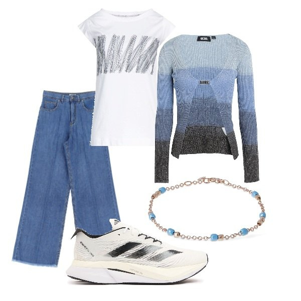 Outfit donna - A spasso per la città. Stile Trendy per Tutti i giorni. Abbinamento con t-shirt, cardigans, jeans, braccialetti, sneakers.
