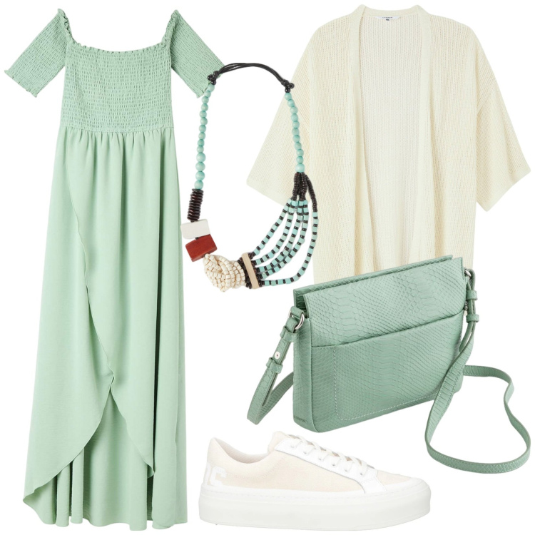 Outfit donna - Total look #2081804. Stile Boho per Tutti i giorni. Abbinamento con sneakers, vestiti lunghi, kimono, borse a tracolla, collane.