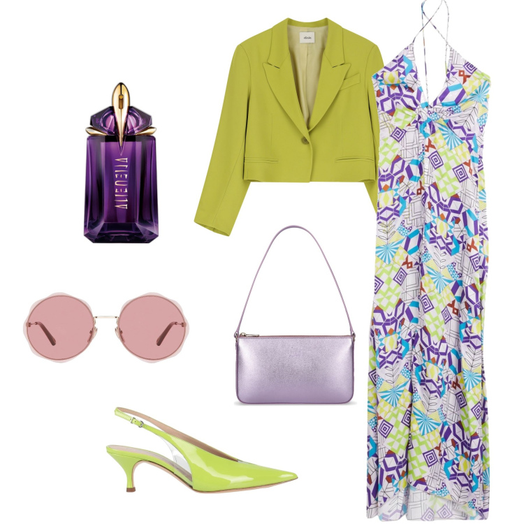 Outfit donna - Acido acida. Stile Chic per Serata fuori. Abbinamento con décolleté, vestiti lunghi, occhiali da sole, profumi, blazer, borse a spalla.