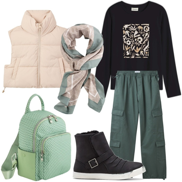 Outfit donna - In gita. Stile Casual per Tutti i giorni. Abbinamento con stivaletti, maglieria, pantaloni, piumini, foulard, zaini.