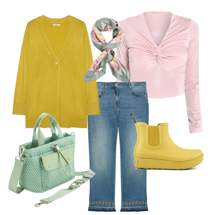 Outfit donna - Primo sole. Stile Basic per Tutti i giorni. Abbinamento con bluse, stivali, cardigans, jeans, foulard, borse a mano.