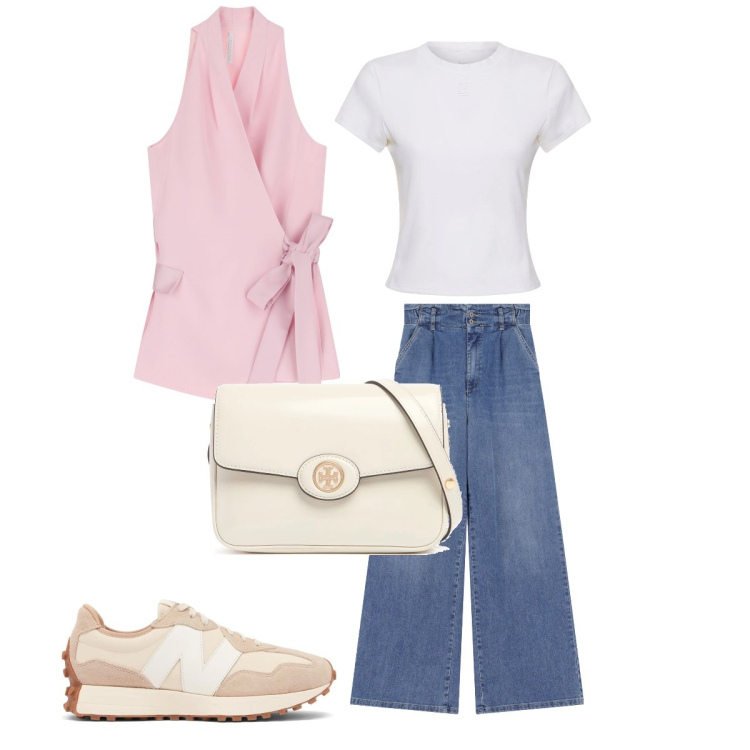 Outfit donna - Con il gilet rosa. Stile Glamour per Scuola/Università. Abbinamento con sneakers, jeans, gilet, borse a spalla, t-shirt.