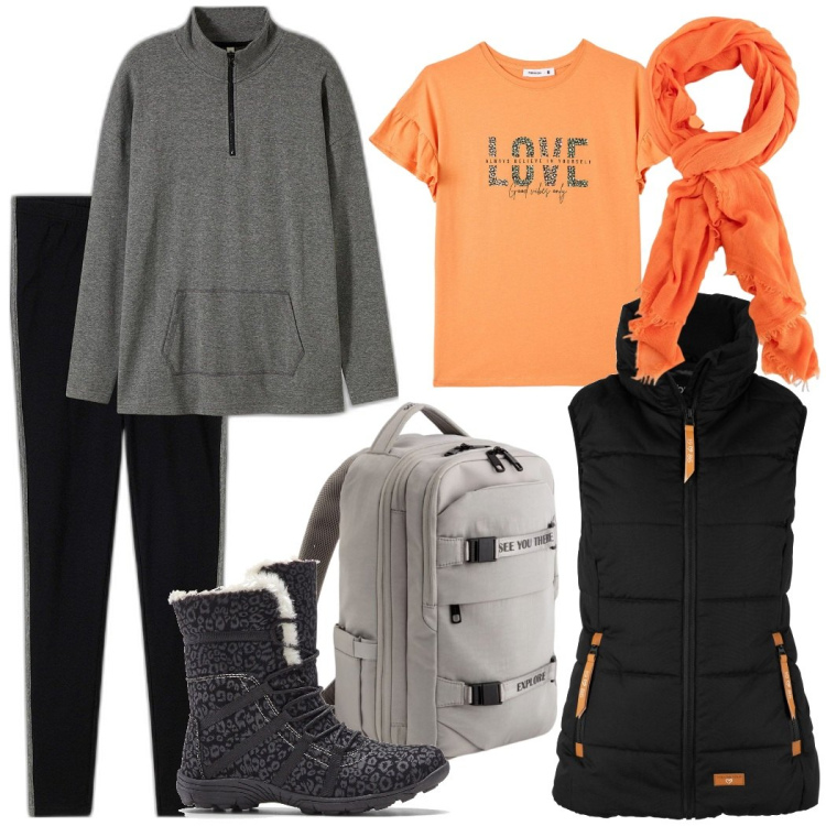 Outfit donna - Vacanza in montagna. Stile Sporty chic per Tutti i giorni. Abbinamento con piumini, stivaletti, tute, t-shirt, sciarpe, zaini.