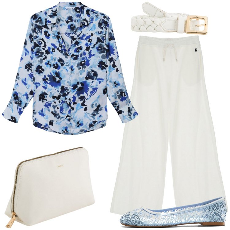 Outfit donna - aperitivo in spiaggia. Stile Casual per Tutti i giorni. Abbinamento con ballerine, camicie, pantaloni a palazzo, valigie, cinture.