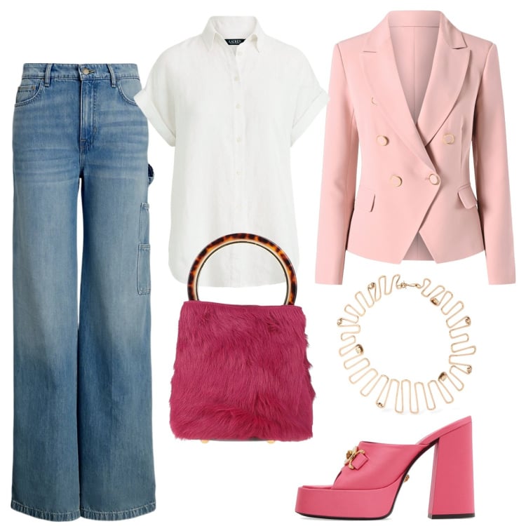 Outfit donna - Mini bag peluche. Stile Glamour per Serata fuori. Abbinamento con borse a mano, blazer, camicie a manica corta, jeans, pantofole, collane.