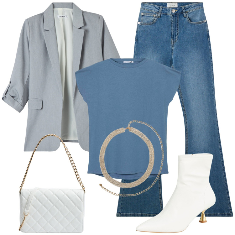 Outfit donna - Terranova - New Collection PE25. Stile Casual chic per Tutti i giorni. Abbinamento con stivaletti, blazer, collane, borse a tracolla, t-shirt, jeans a zampa.
