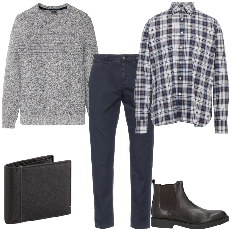 Outfit uomo - Grigio. Stile Casual per Tutti i giorni. Abbinamento con maglieria, stivali e stivaletti, pantaloni chino, camicie, portafogli.