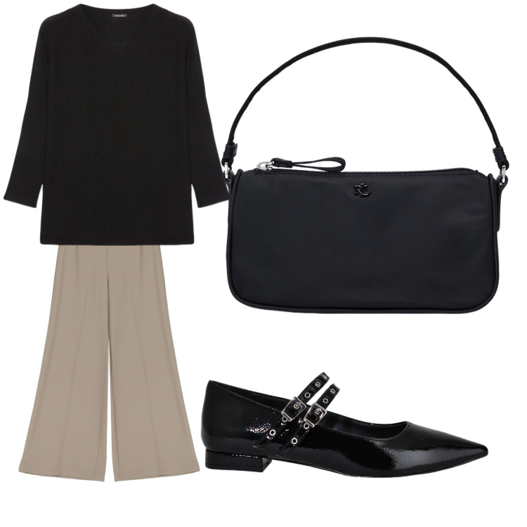 Outfit donna - Aperitivo. Stile Trendy per Tutti i giorni. Abbinamento con pantaloni a palazzo, ballerine, pochette, maglieria.