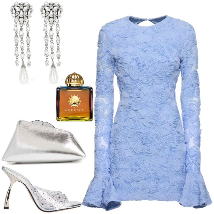 Outfit donna - Argento. Stile Casual chic per Serata fuori. look ideale per Petite. Abbinamento con profumi, sandali col tacco, vestiti, orecchini, pochette.