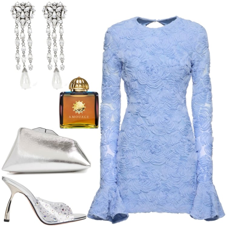 Outfit donna - Argento. Stile Casual chic per Serata fuori. look ideale per Petite. Abbinamento con profumi, sandali col tacco, vestiti, orecchini, pochette.