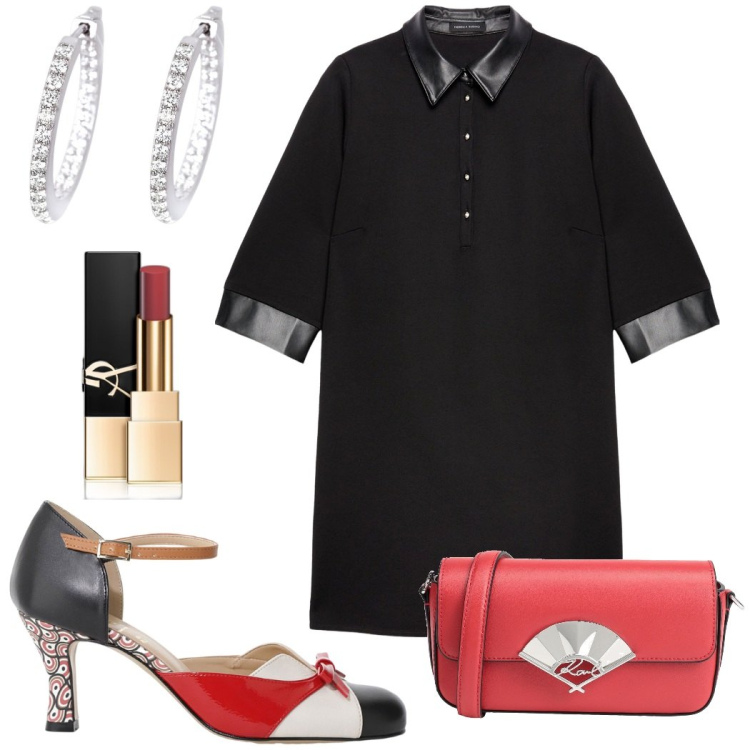 Outfit donna - Serata chic. Stile Glamour per Serata fuori. Abbinamento con rossetti, borse a tracolla, orecchini, décolleté, vestiti corti.