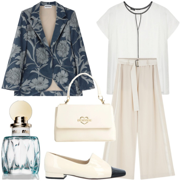 Outfit donna - L\'eleganza della giacca fiorita. Stile Glamour per Cerimonia. Abbinamento con mocassini, borse a mano, profumi, blazer, pantaloni, bluse.