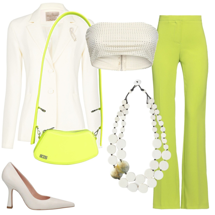 Outfit donna - Verde Acido. Stile Chic Abbinamento con décolleté, pantaloni, borse a spalla, blazer, ciondoli, top.