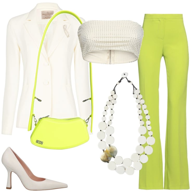 Outfit donna - Verde Acido. Stile Chic Abbinamento con décolleté, pantaloni, borse a spalla, blazer, ciondoli, top.