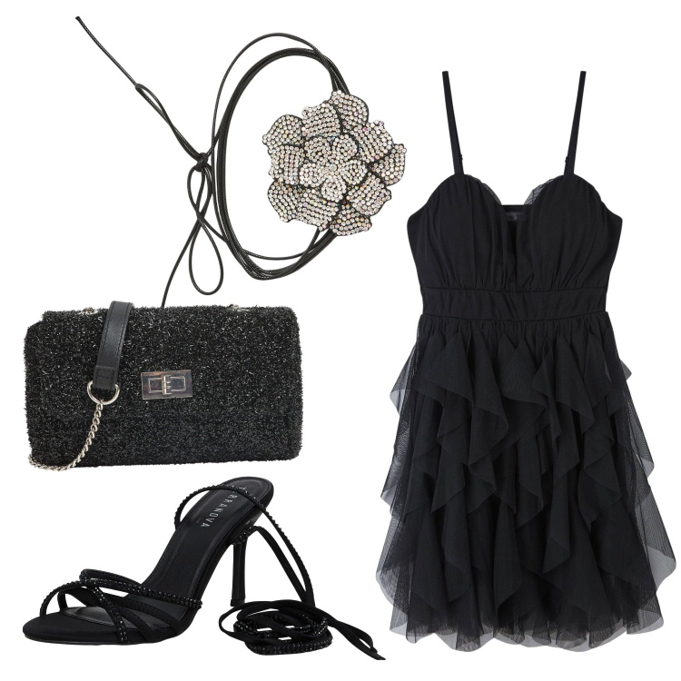 Outfit donna - Black Moon. Stile Chic per Serata fuori. look ideale per Petite. Abbinamento con collane, borse a tracolla, vestiti corti, sandali alla schiava.