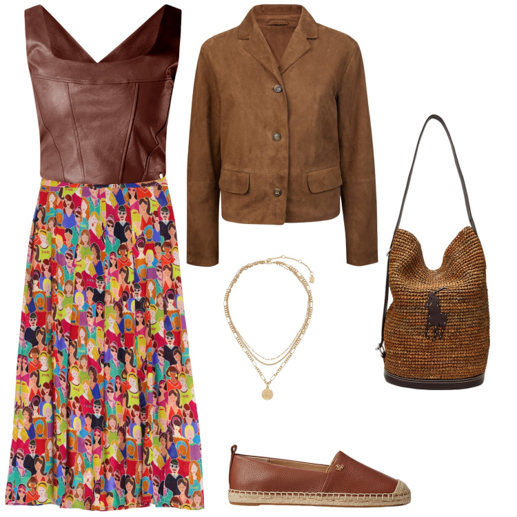 Outfit donna - Total look marrone con gonna multicolore. Stile Boho per Tutti i giorni. Abbinamento con top, gonne lunghe, ciondoli, borse a mano, espadrillas, blazer.