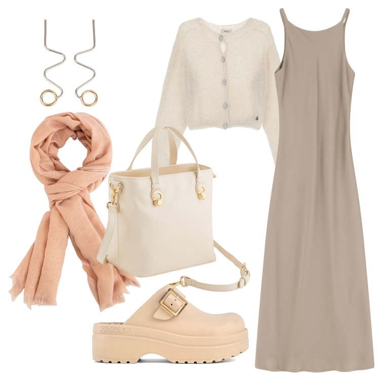 Outfit donna - Early Peach. Stile Casual per Tutti i giorni. look ideale per Tall. Abbinamento con vestiti lunghi, cardigans, sandali, orecchini, borse a mano, portafogli.