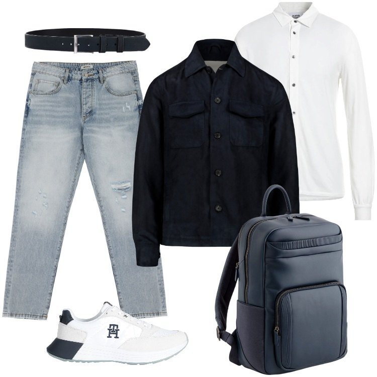 Outfit uomo - Total look #2081903. Stile Urban per Tutti i giorni. Abbinamento con camicie, sneakers, jeans strappati, cinture, giacche, borse sportive.