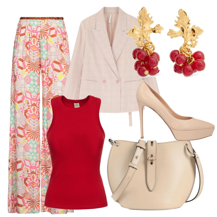 Outfit donna - Total look #2081905. Stile Chic per Serata fuori. Abbinamento con pantaloni, borse a tracolla, décolleté, blazer, canottiere, orecchini.