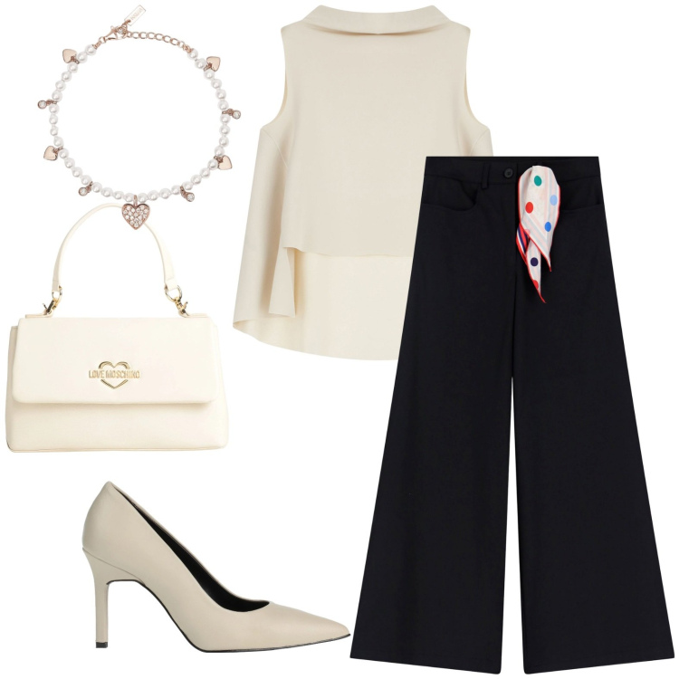 Outfit donna - White &sprint/g. Stile Chic per Ufficio. Abbinamento con borse a mano, décolleté, braccialetti, top, pantaloni a palazzo.