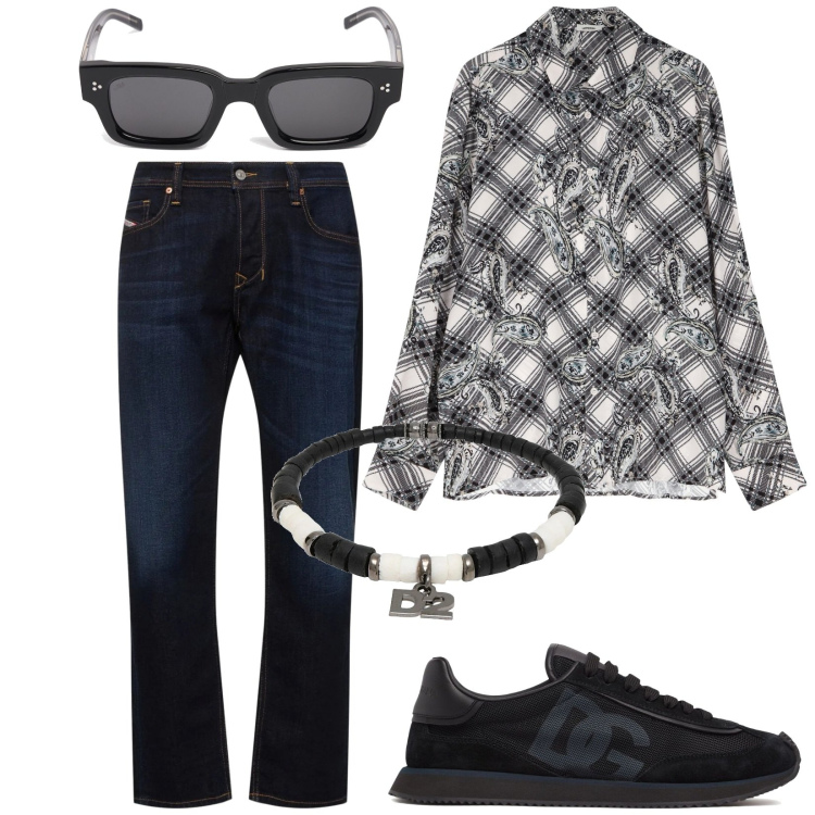 Outfit uomo - Sabato mattina. Stile Trendy per Tutti i giorni. Abbinamento con braccialetti, camicie, sneakers, jeans dritti, occhiali da sole.