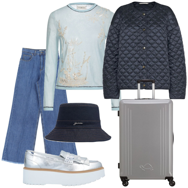 Outfit donna - Fuori città. Stile Casual per Tutti i giorni. Abbinamento con pullovers, mocassini, jeans, cappelli, giacche, valigie.