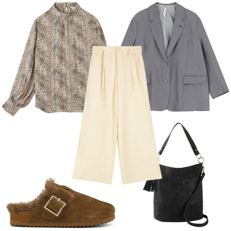 Outfit donna - Total look #2081933. Stile Trendy per Tutti i giorni. Abbinamento con borse a mano, bluse, blazer, pantaloni, sabot.