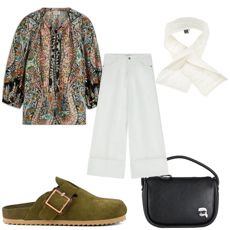 Outfit donna - Total look #2081938. Stile Trendy per Tutti i giorni. Abbinamento con bluse, borse a mano, sciarpe, pantaloni, sabot.
