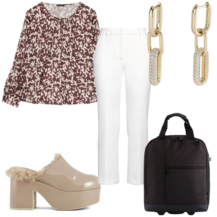 Outfit donna - Total look #2081946. Stile Trendy per Tutti i giorni. Abbinamento con pantaloni, orecchini, sabot, bluse, valigie.