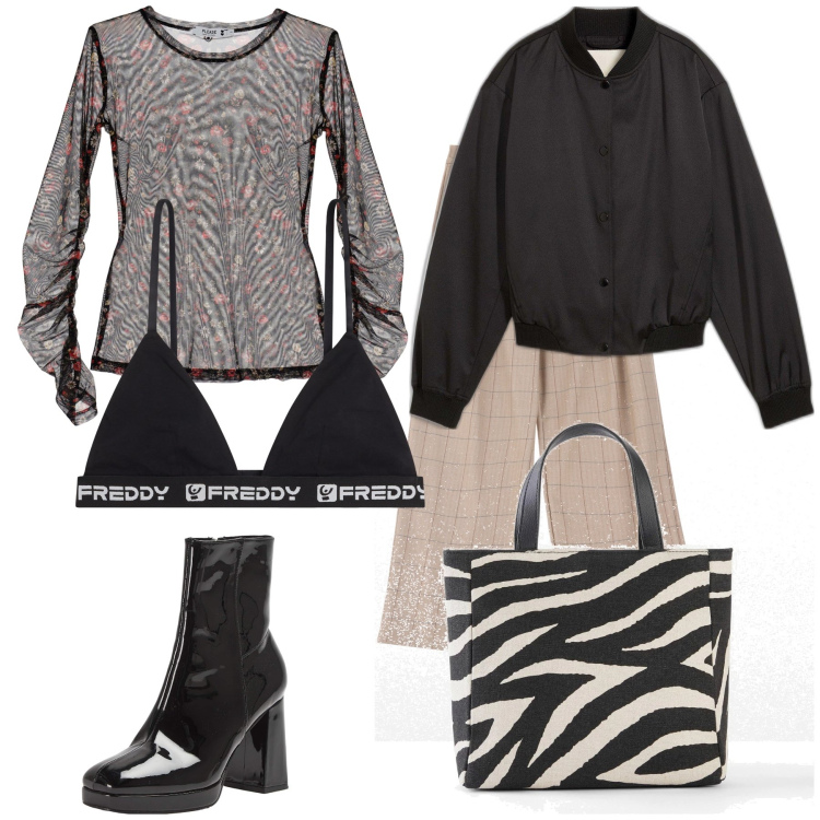 Outfit donna - Total look. Stile Urban per Ufficio. Abbinamento con borse a mano, bomber, stivaletti, pantaloni, t-shirt, reggiseni.