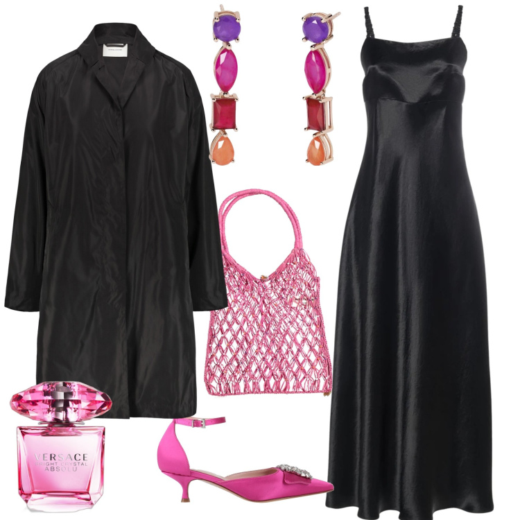 Outfit donna - Il raso sempre chic. Stile Glamour per Serata fuori. Abbinamento con décolleté, borse a mano, profumi, orecchini, trench, vestiti midi/longuette.