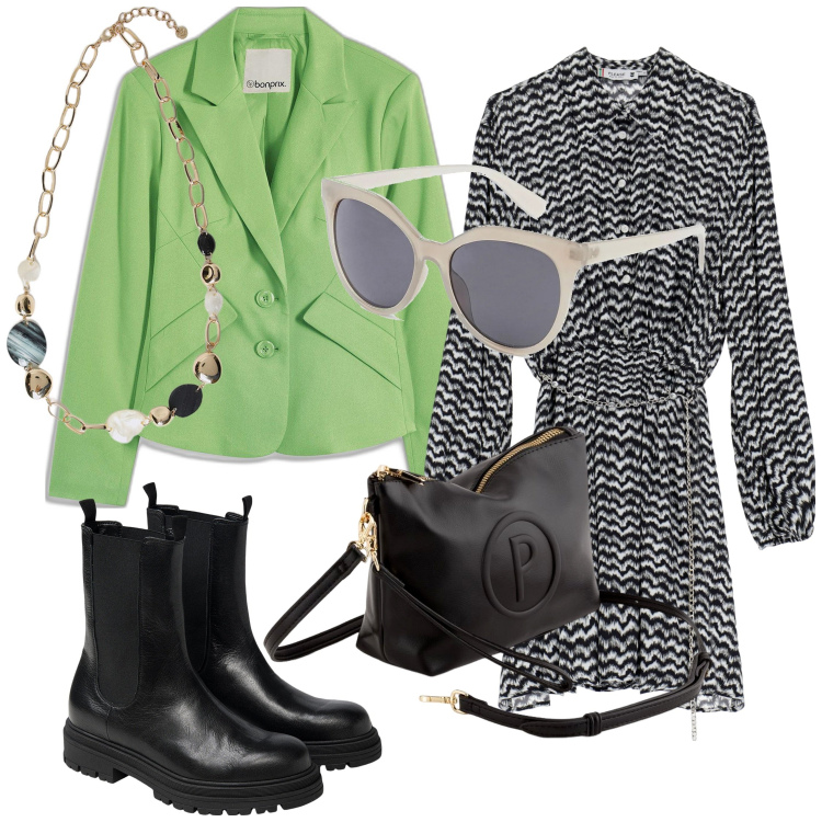 Outfit donna - Blazer verde menta. Stile Trendy per Tutti i giorni. Abbinamento con blazer, borse a tracolla, collane, vestiti chemisier, stivaletti chelsea, valigie.