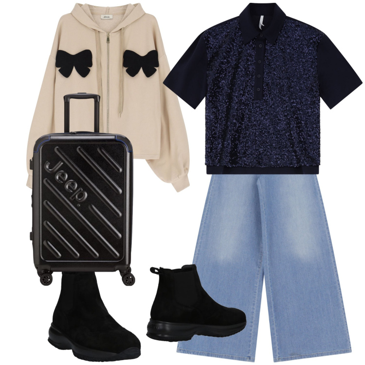 Outfit donna - Un viaggio coi fiocchi. Stile Trendy per Tutti i giorni. Abbinamento con stivaletti chelsea, polo, felpe con cappuccio, jeans, valigie.