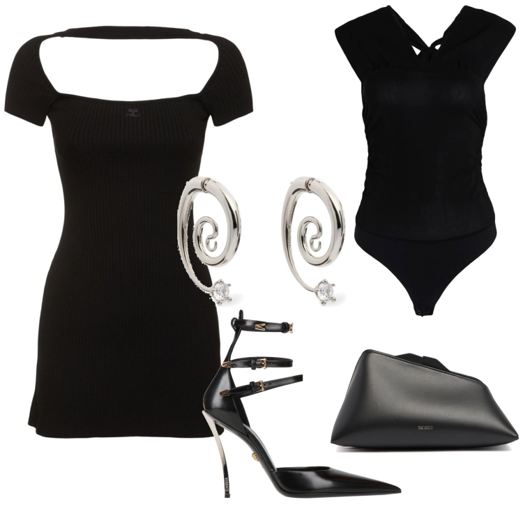 Outfit donna - Tubino nero un classico. Stile Sexy per Serata fuori. Abbinamento con body, décolleté, vestiti, pochette, orecchini.