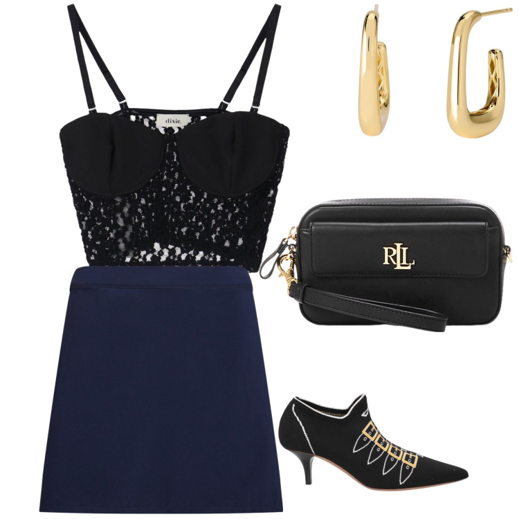 Outfit donna - Un top per la disco. Stile Rock per Serata fuori. Abbinamento con stivaletti, orecchini, top, minigonne, pochette.