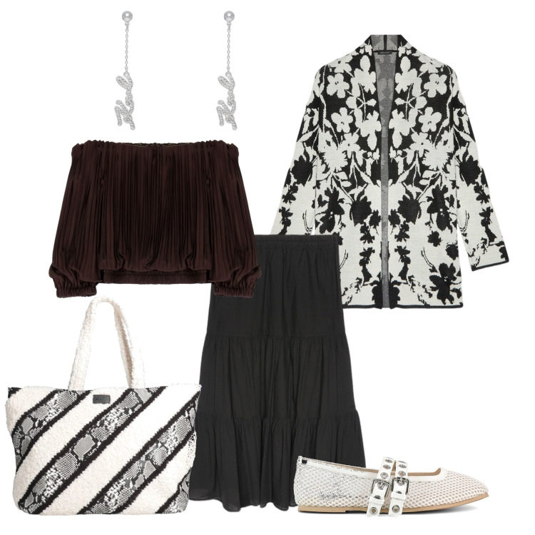Outfit donna - Bianco e nero. Stile Boho per Tutti i giorni. Abbinamento con borse a mano, orecchini, top, ballerine, cardigans, gonne lunghe.