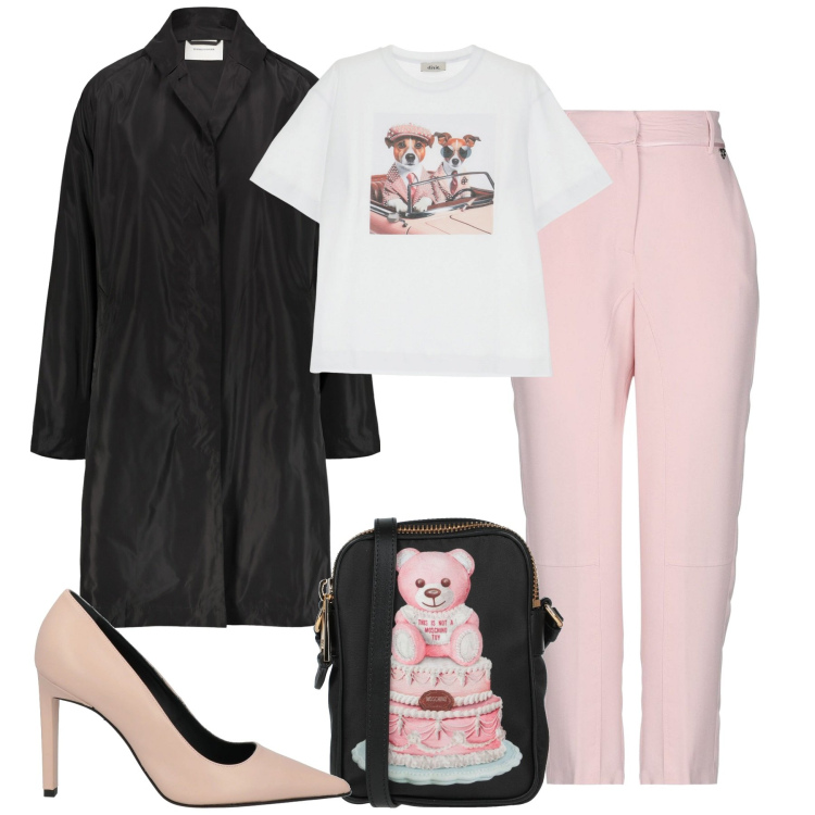 Outfit donna - City. Stile Urban per Tutti i giorni. Abbinamento con pantaloni, borse a tracolla, décolleté, t-shirt, trench.