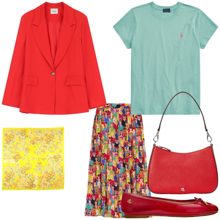 Outfit donna - Primavera colorata. Stile Vintage retrò per Ufficio. Abbinamento con sciarpe, blazer, gonne lunghe, ballerine, t-shirt, borse a spalla.