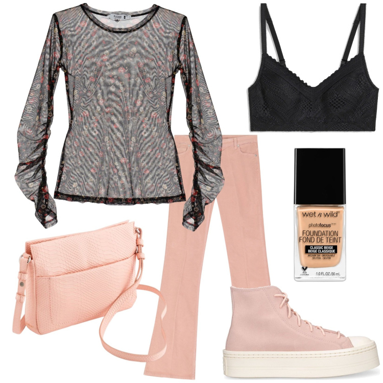 Outfit donna - Total look #2081987. Stile Trendy per Tutti i giorni. Abbinamento con reggiseni, fondotinta, t-shirt, jeans a zampa, sneakers, borse a tracolla.