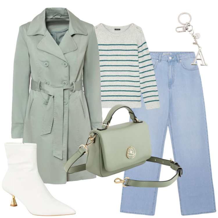 Outfit donna - City. Stile Urban per Tutti i giorni. Abbinamento con trench, jeans, stivaletti, maglieria, borse a cartella, portachiavi.