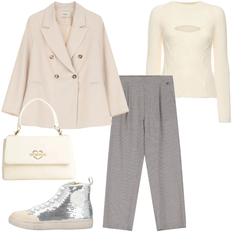 Outfit donna - Total look #2081996. Stile Casual per Ufficio. Abbinamento con sneakers alte, borse a mano, pantaloni, blazer, maglieria.