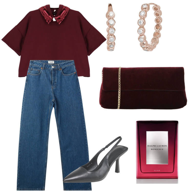 Outfit donna - Serata alternativa. Stile Glamour per Serata fuori. Abbinamento con profumi, pochette, décolleté, jeans, orecchini, t-shirt.