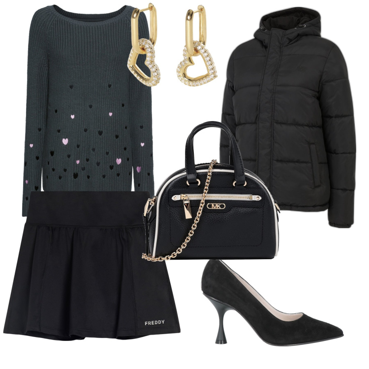 Outfit donna - Cuoricini. Stile Urban per Ufficio. Abbinamento con maglieria, borse a mano, décolleté, orecchini, piumini, minigonne.