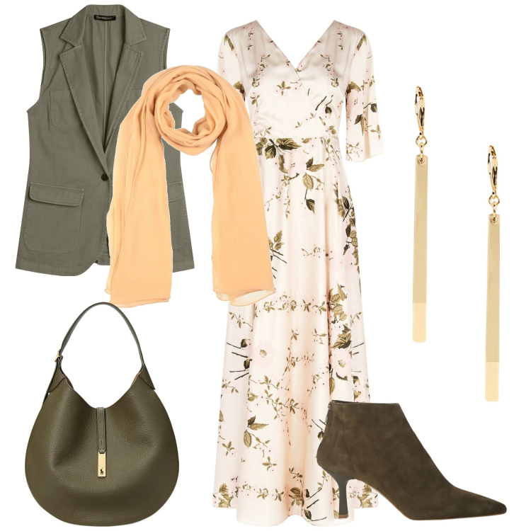 Outfit donna - Fiori di Pesco. Stile Boho Abbinamento con sciarpe, vestiti lunghi, gilet, stivaletti, borse a spalla, orecchini.