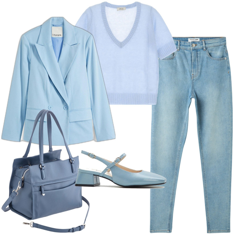 Outfit donna - Azzurro. Stile Basic per Ufficio. Abbinamento con décolleté, blazer, jeans skinny, maglieria, shopping bag.