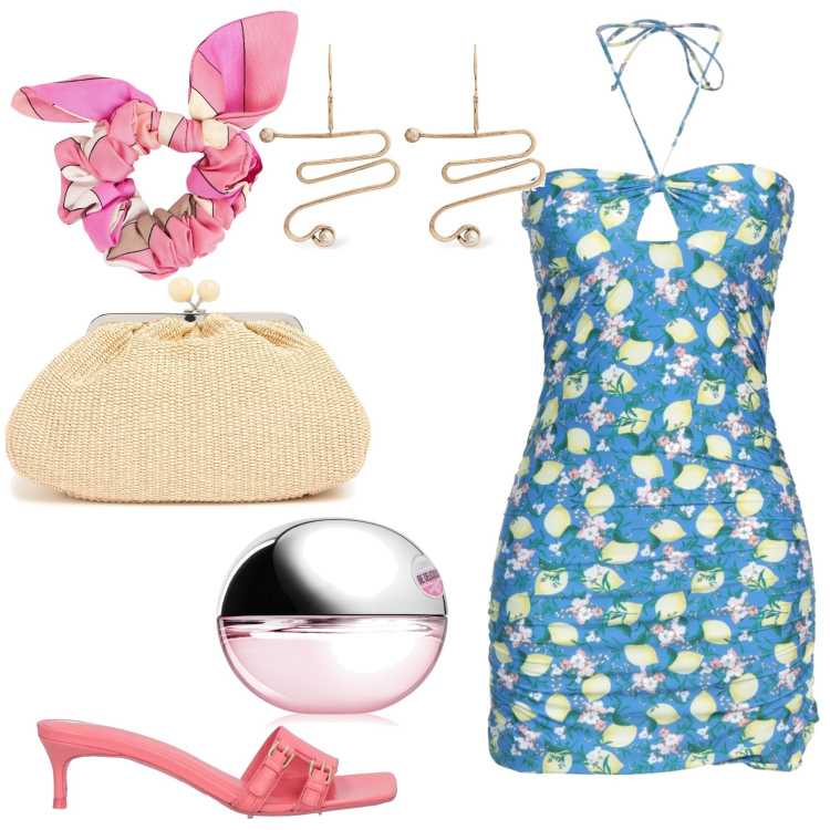 Outfit donna - Sognare estate al mare. Stile Glamour per Mare. Abbinamento con vestiti corti, sandali col tacco, profumi, orecchini, accessori per capelli, pochette.