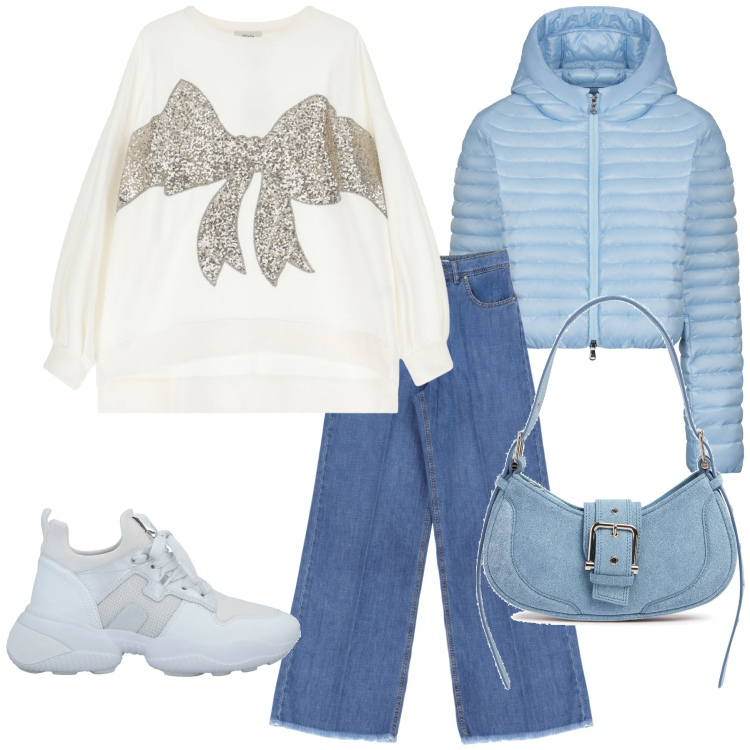 Outfit donna - Sportiva col fiocco. Stile Sporty chic per Tutti i giorni. Abbinamento con sneakers, felpe, jeans, piumini, borse a spalla.
