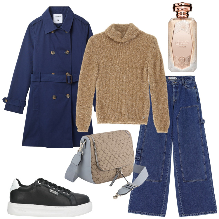 Outfit donna - Total look #2082005. Stile Casual per Tutti i giorni. Abbinamento con sneakers, profumi, trench, jeans, maglieria, borse a tracolla.