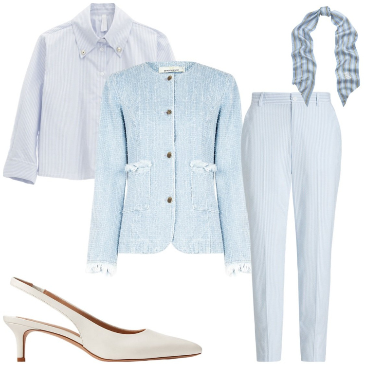 Outfit donna - Celeste come i giorni che verranno. Stile Bon Ton per Ufficio. Abbinamento con blazer, camicie, décolleté, pantaloni, foulard.